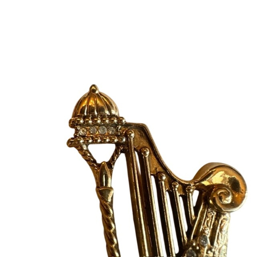 Vintage Gold Tone Harp Brooch Ornate Rhinestone Musical Instrument Pin 2 Inch - Picture 3 of 5